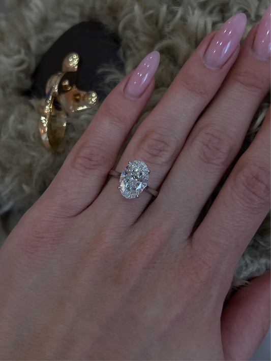 Solitaire Oval Diamond Engagement ring - 3.00 Ct Hidden Halo