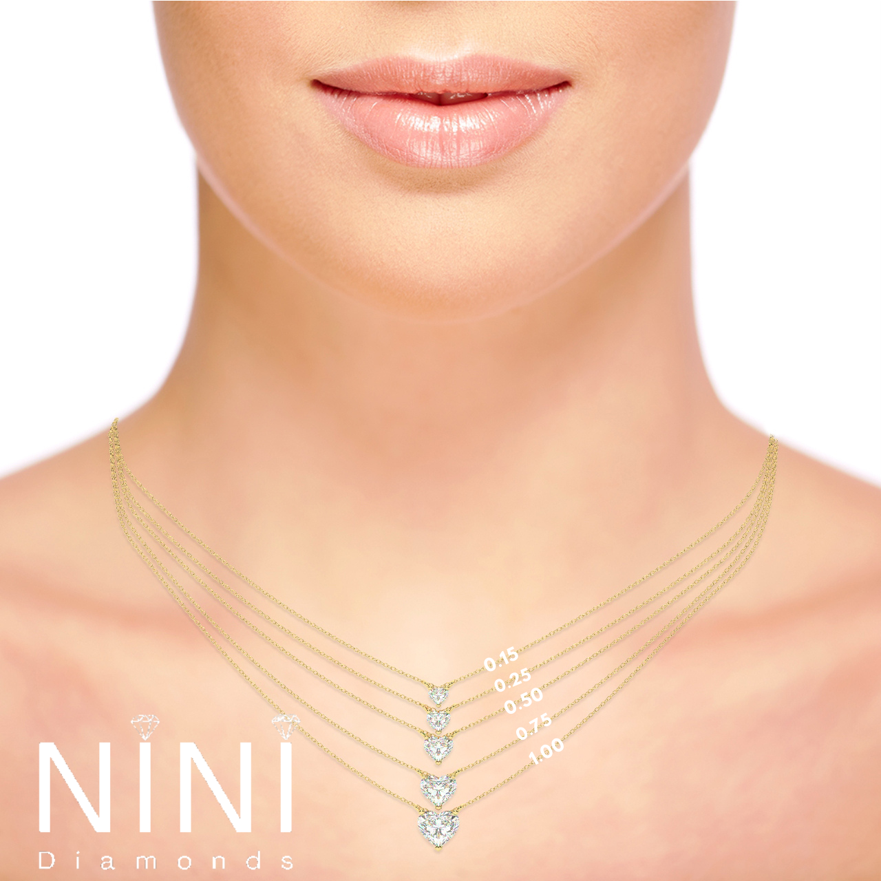 Heart shape diamond necklace size chart on woman