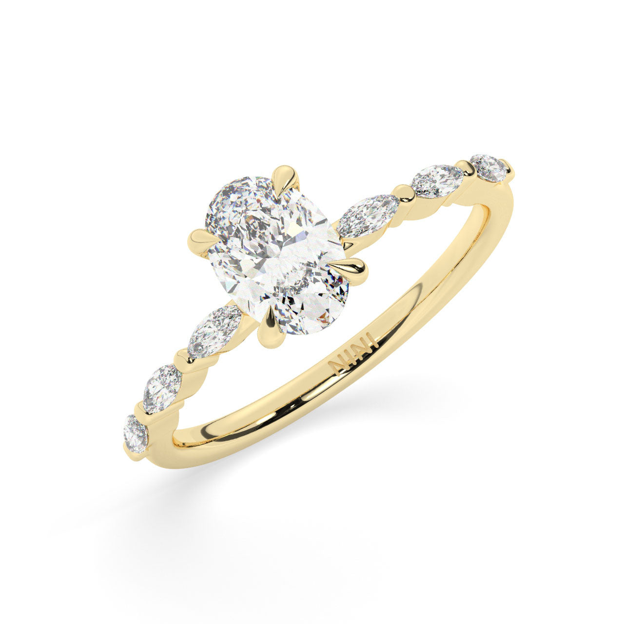 Oval cut diamond engagement ring, The band is set with Marquise cut diamonds.
14K gold.