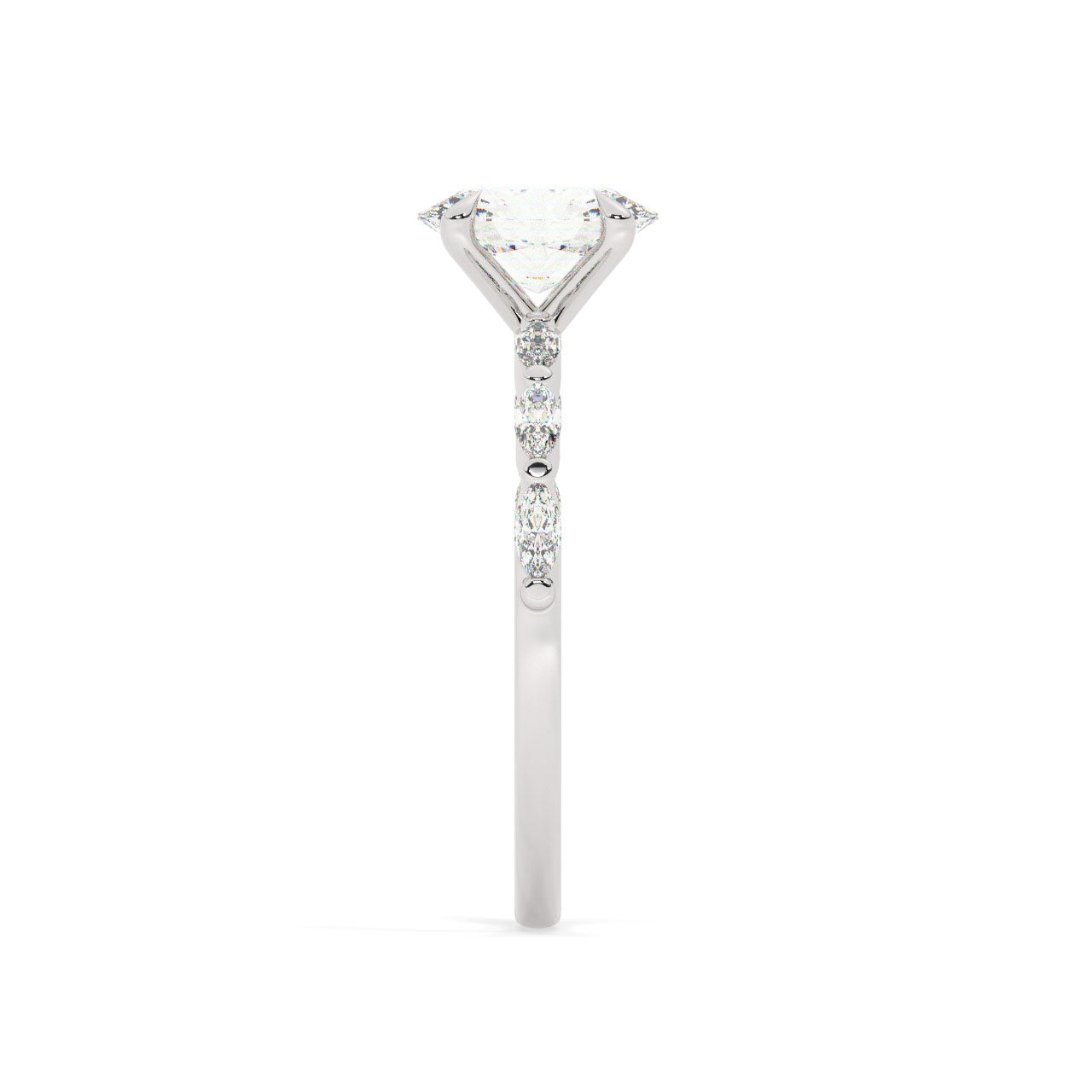 Oval cut diamond engagement ring, The band is set with Marquise cut diamonds.
14K gold.