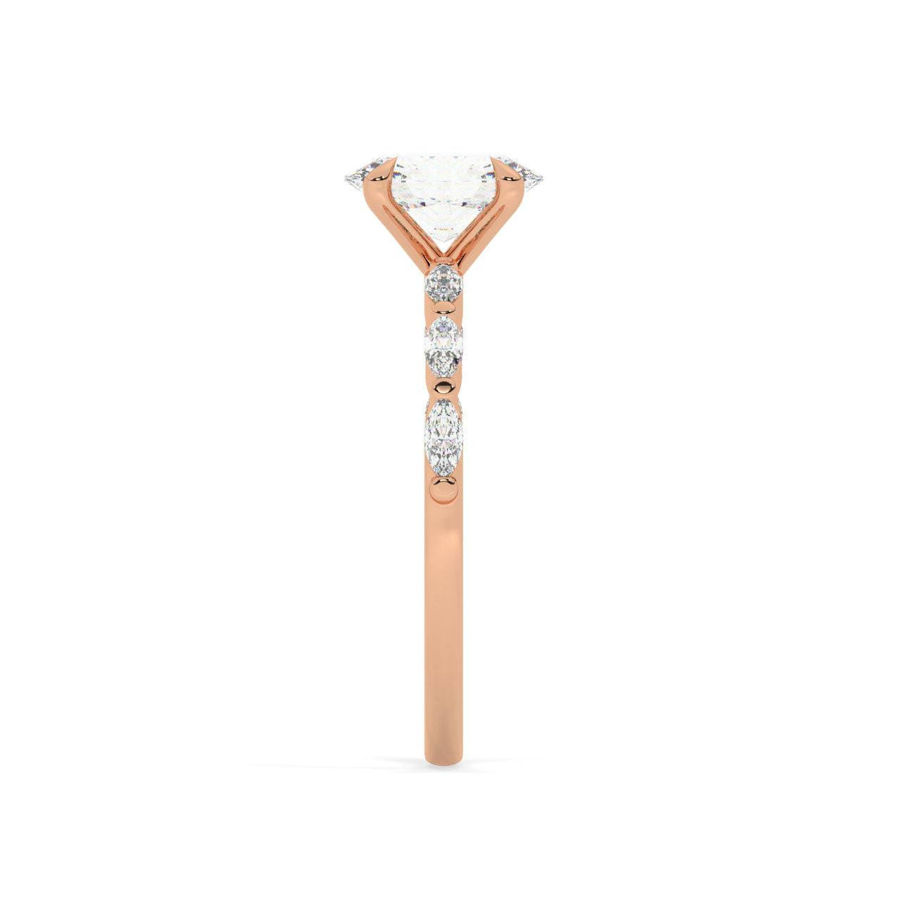 Oval cut diamond engagement ring, The band is set with Marquise cut diamonds.
14K gold.