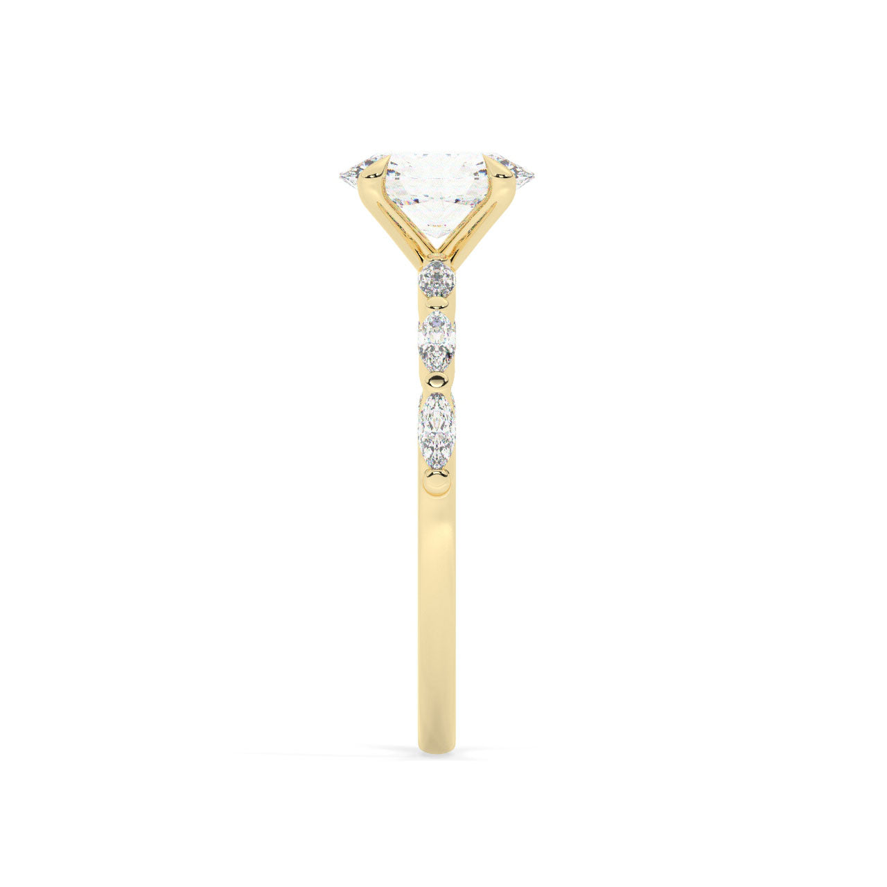 Oval cut diamond engagement ring, The band is set with Marquise cut diamonds.
14K gold.