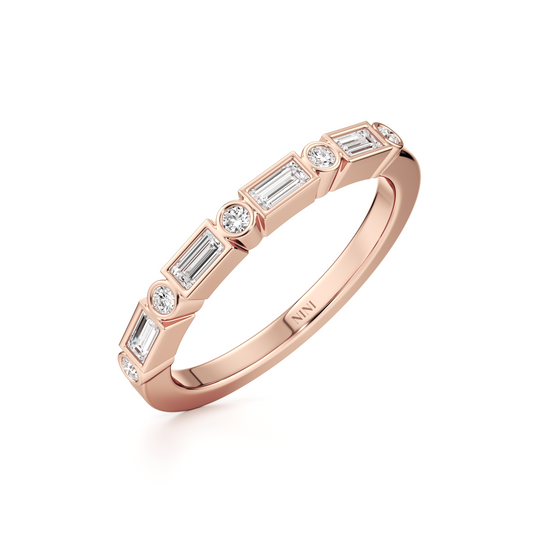 Bezel cut Baguettes and round diamonds row ring