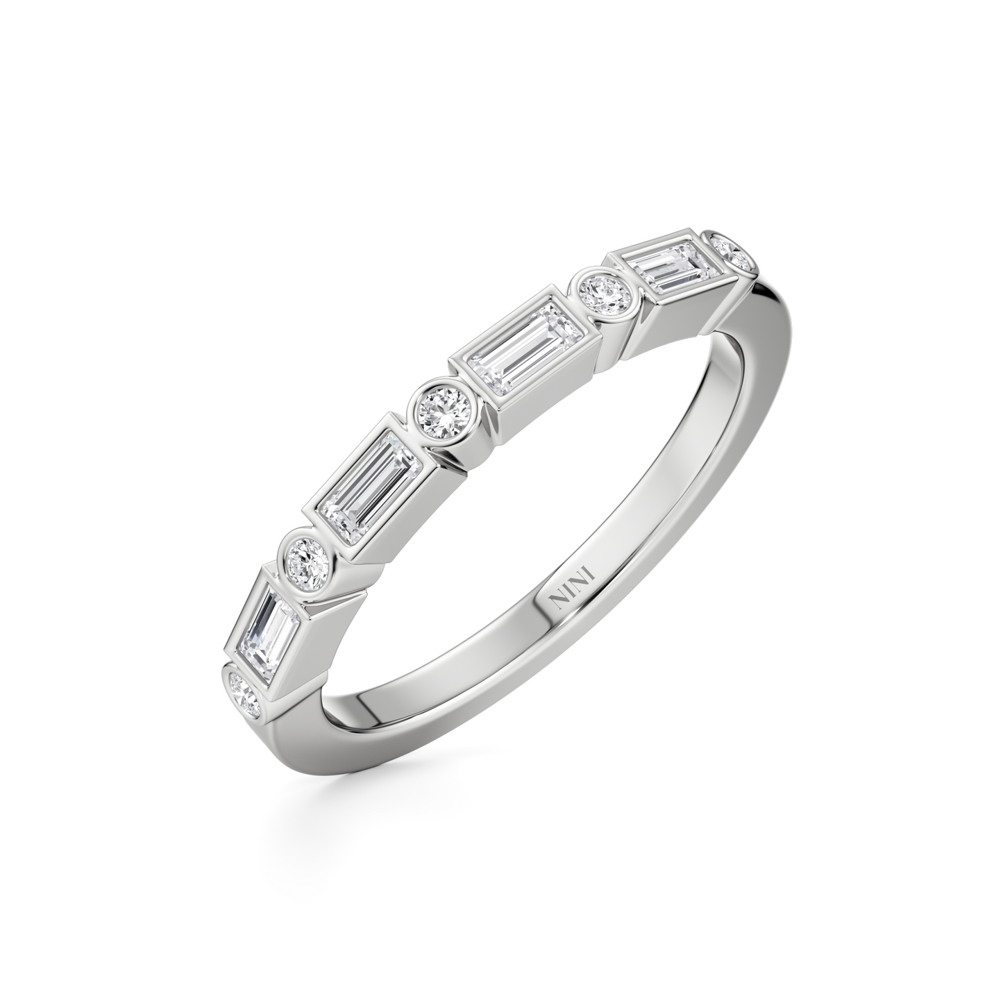 טבעת שורה שיבוץ בזל יהלומי בגט ויהלומים עגולים